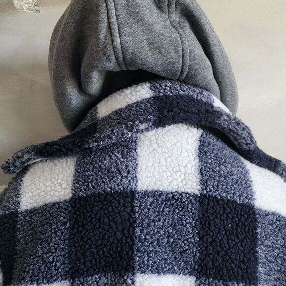 Steve Madden Navy & White Buffalo Plaid Convertible Hooded Teddy Coat Women M - Picture 4 of 16